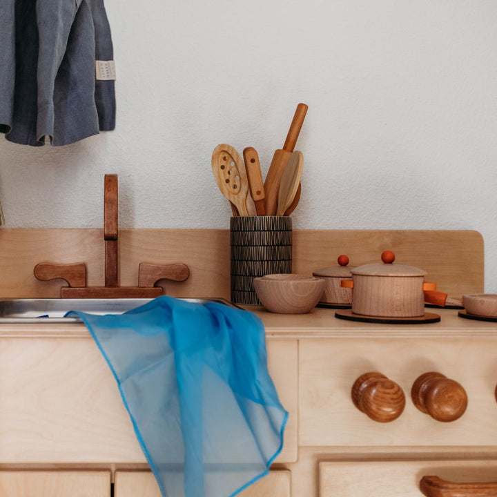 Bella Luna Toys- Wooden Toys- Play kitchen with blue play silk in sink, wooden stove with wooden play pots and pans- Stove includes wooden knobs 