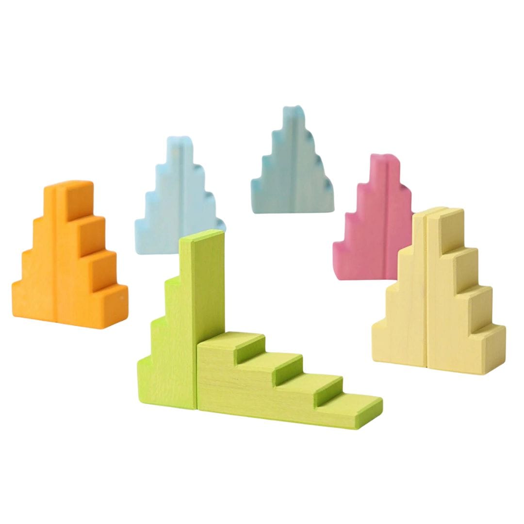 Wooden Stepped Roofs Building Blocks Set - Pastel