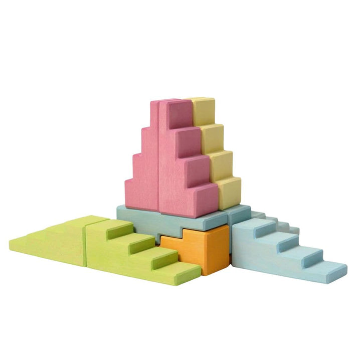 Wooden Stepped Roofs Building Blocks Set - Pastel