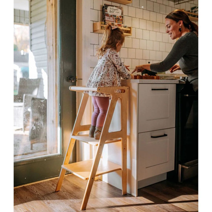 All Circles- Wooden Toys-Activity Toys-Child standing on wooden tower, helping parent cook- Bella Luna Toys