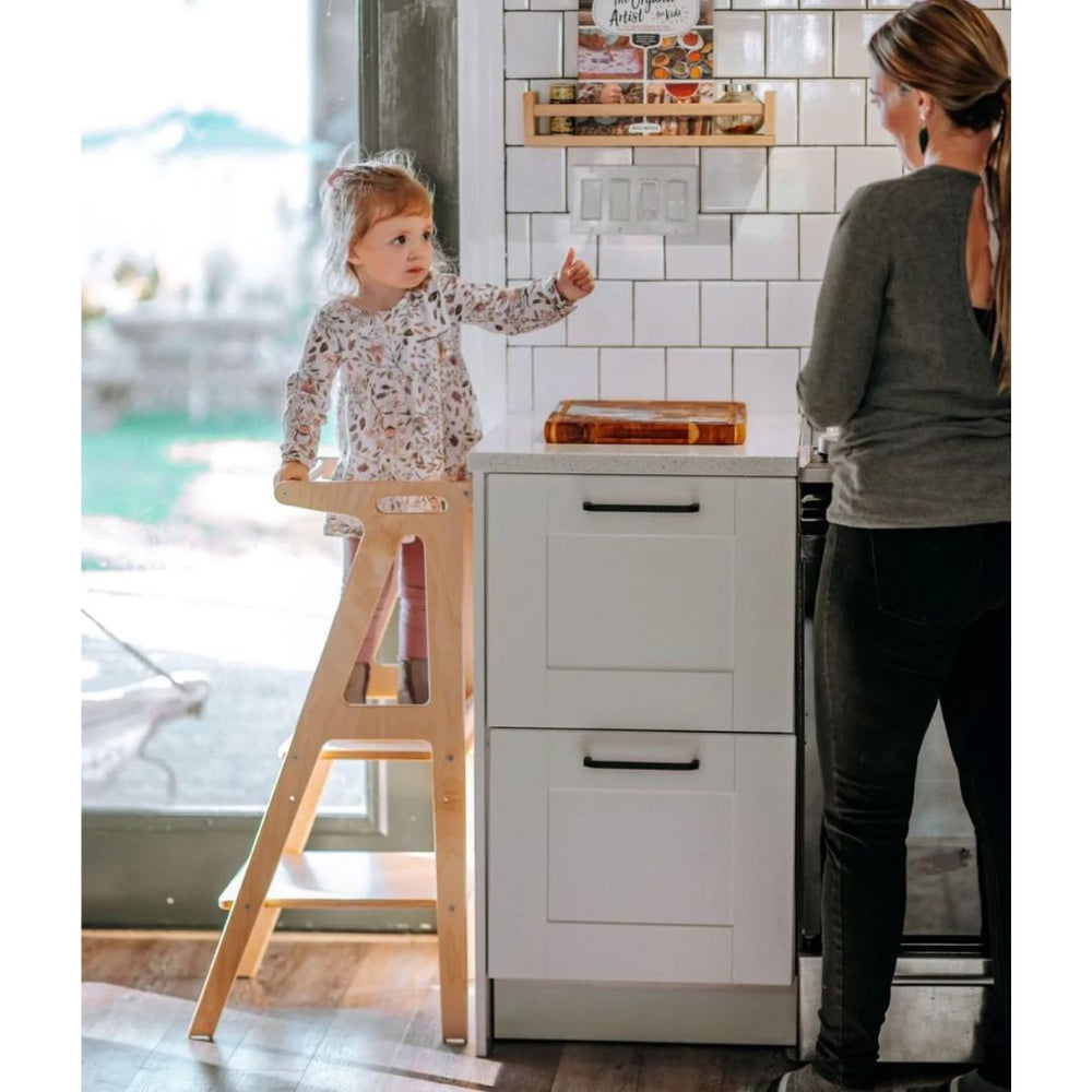 All Circles- Wooden Toys-Activity Toys-Child standing on wooden tower, helping parent cook- Bella Luna Toys