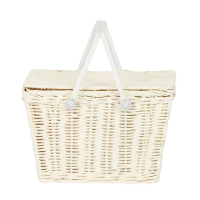 Olli Ella Piki Rattan Picnic Basket - White colored picnic basket- Baskets - Oompa Toys